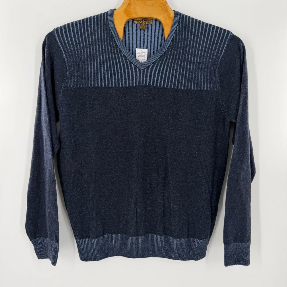 Pronto Uomo Blue Mens XXL V-Neck Sweater Navy Striped Cotton Blend M12994201